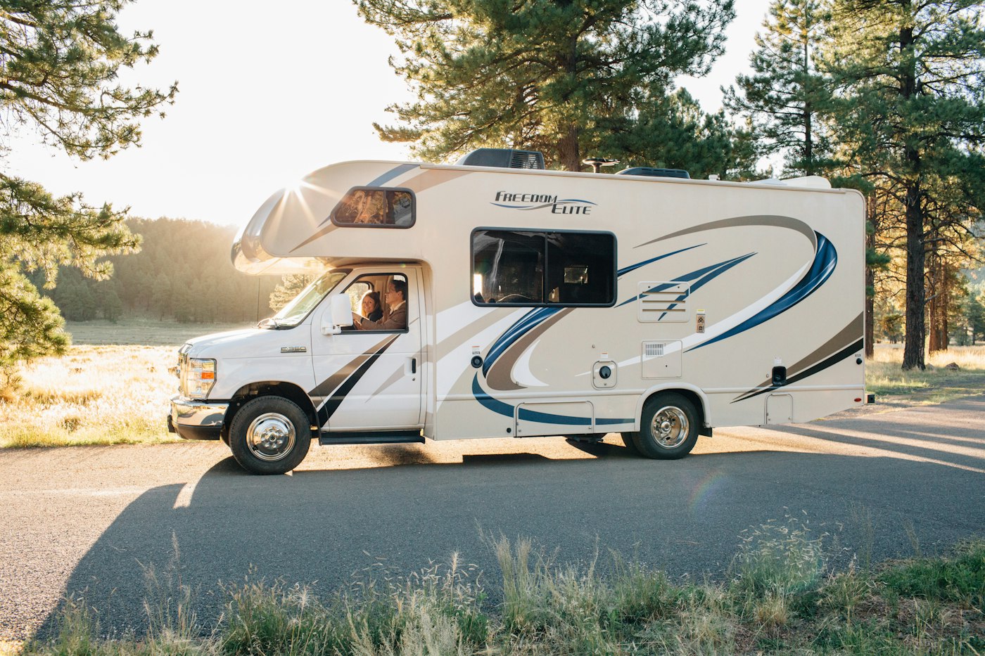 Class C motorhome parked at a campground for mobile on-site RV cleaning